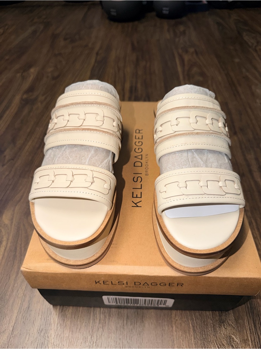Kelsi Dagger Cream Double Strap Platform Slides